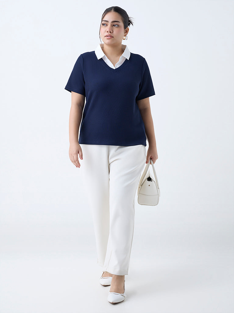 Gia Navy Ribbed-Textured T-Shirt