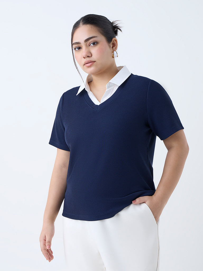 Gia Navy Ribbed-Textured T-Shirt - Image 2