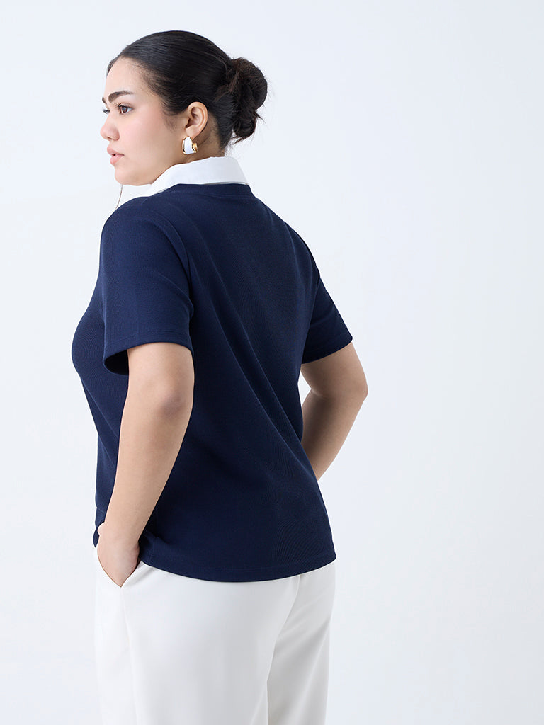 Gia Navy Ribbed-Textured T-Shirt - Image 4