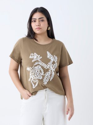 Gia Taupe Embroidered Cotton T-Shirt