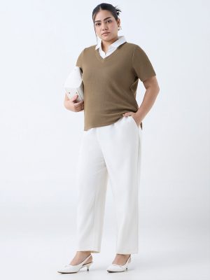 Gia Brown Ribbed-Textured Polo T-Shirt