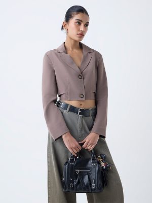 Nuon Taupe Solid Cropped Jacket