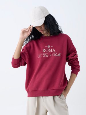 Nuon Red Text Design Cotton-Blend Sweatshirt