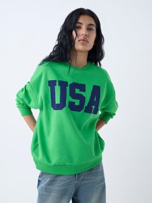 Nuon Green Text Detailed Cotton-Blend Sweatshirt