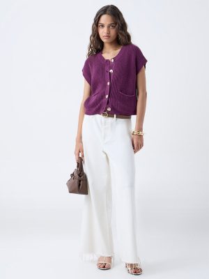 LOV Purple Self-Striped Cotton-Blend Cardigan