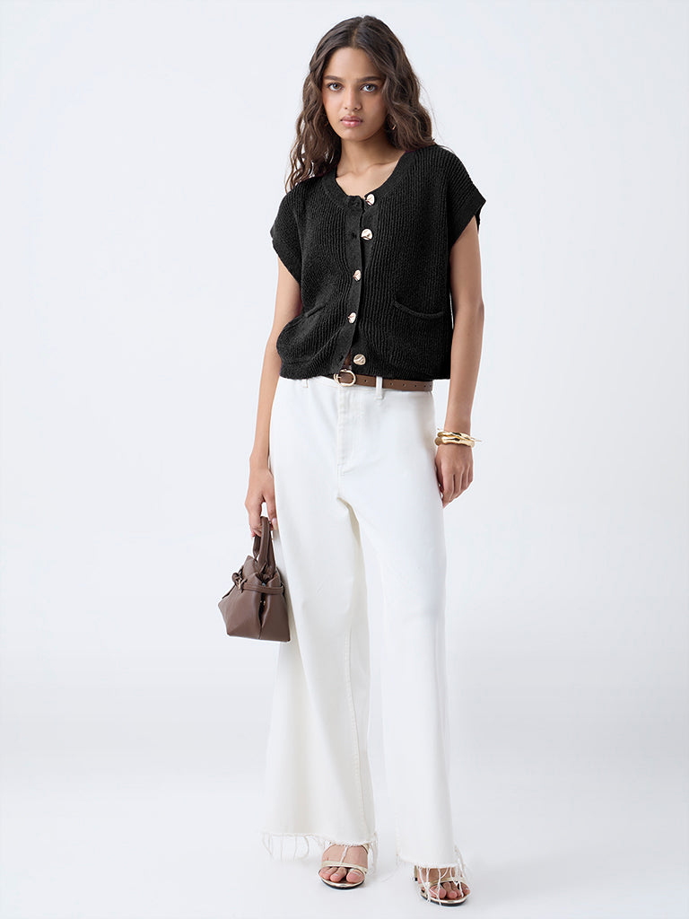 LOV Black Self-Striped Cotton-Blend Cardigan - Image 2