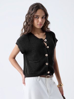 LOV Black Self-Striped Cotton-Blend Cardigan