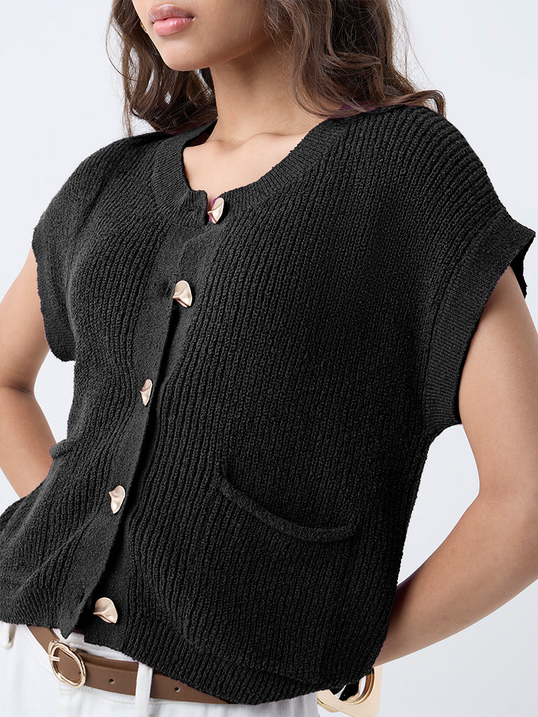LOV Black Self-Striped Cotton-Blend Cardigan - Image 3