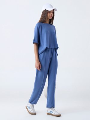 LOV Blue Solid High-Rise Joggers