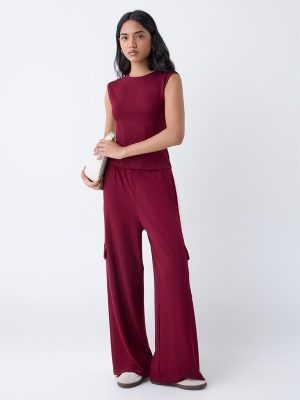 LOV Burgundy Solid High-Rise Pants