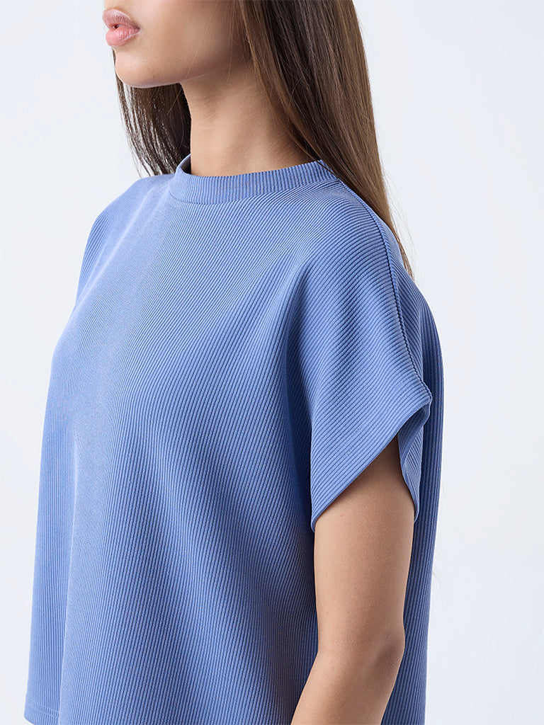 LOV Blue Ribbed-Textured T-Shirt - Image 3
