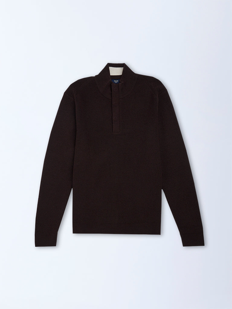 Ascot Dark Brown Textured Relaxed-Fit Quarter-Zip Sweater - Image 5