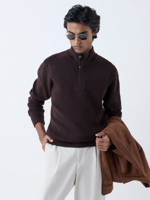 Ascot Dark Brown Textured Relaxed-Fit Quarter-Zip Sweater
