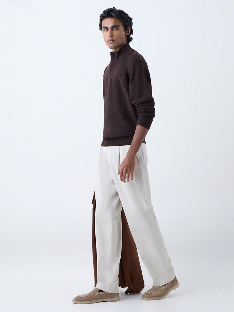 Ascot Dark Brown Textured Relaxed-Fit Quarter-Zip Sweater - Image 2