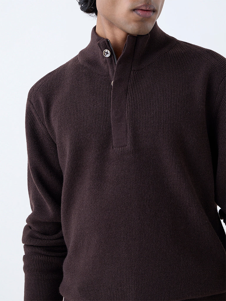 Ascot Dark Brown Textured Relaxed-Fit Quarter-Zip Sweater - Image 3