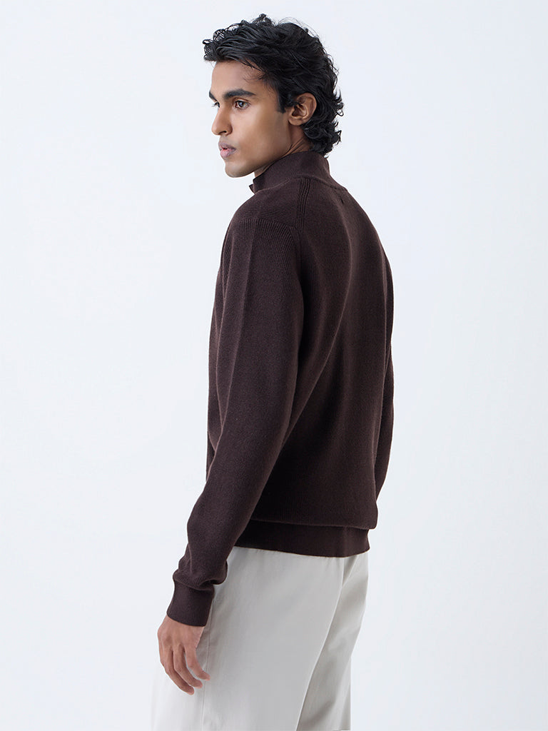 Ascot Dark Brown Textured Relaxed-Fit Quarter-Zip Sweater - Image 4
