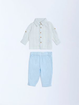 HOP Baby Blue Striped Cotton Shirt and Pants Set