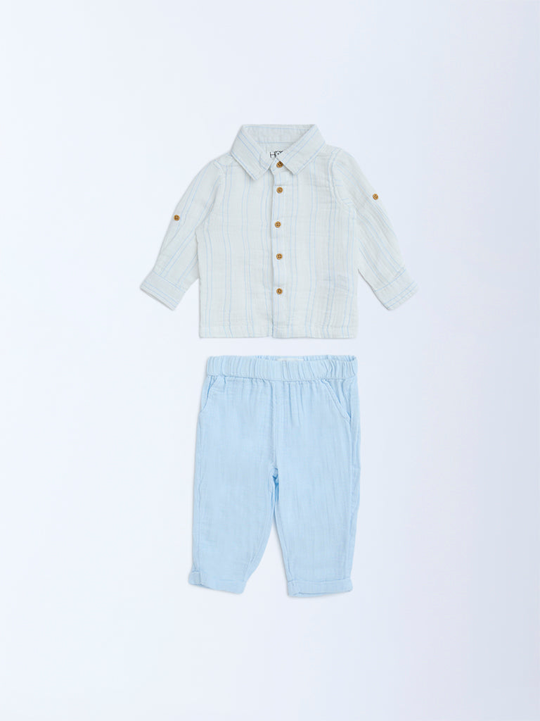 HOP Baby Blue Striped Cotton Shirt and Pants Set
