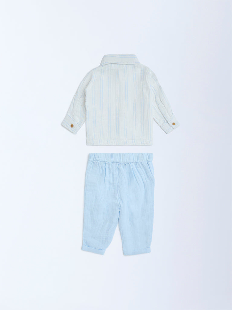 HOP Baby Blue Striped Cotton Shirt and Pants Set - Image 2