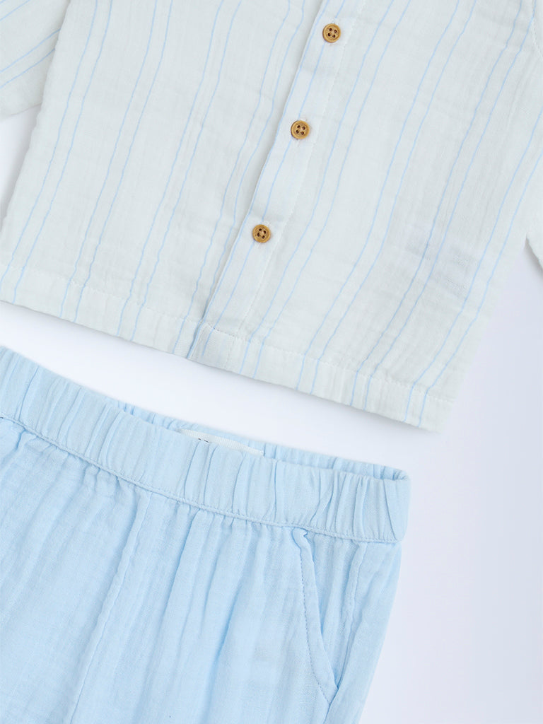 HOP Baby Blue Striped Cotton Shirt and Pants Set - Image 3