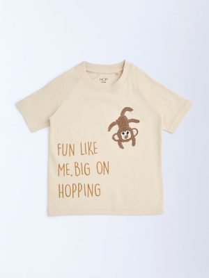 HOP Kids Beige Animal Design Cotton T-Shirt
