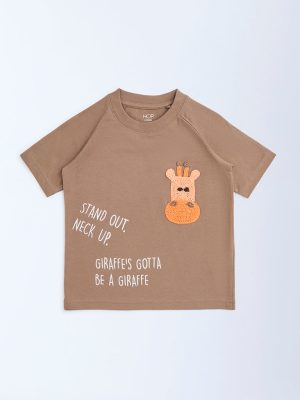 HOP Kids Taupe Animal Design Cotton T-Shirt