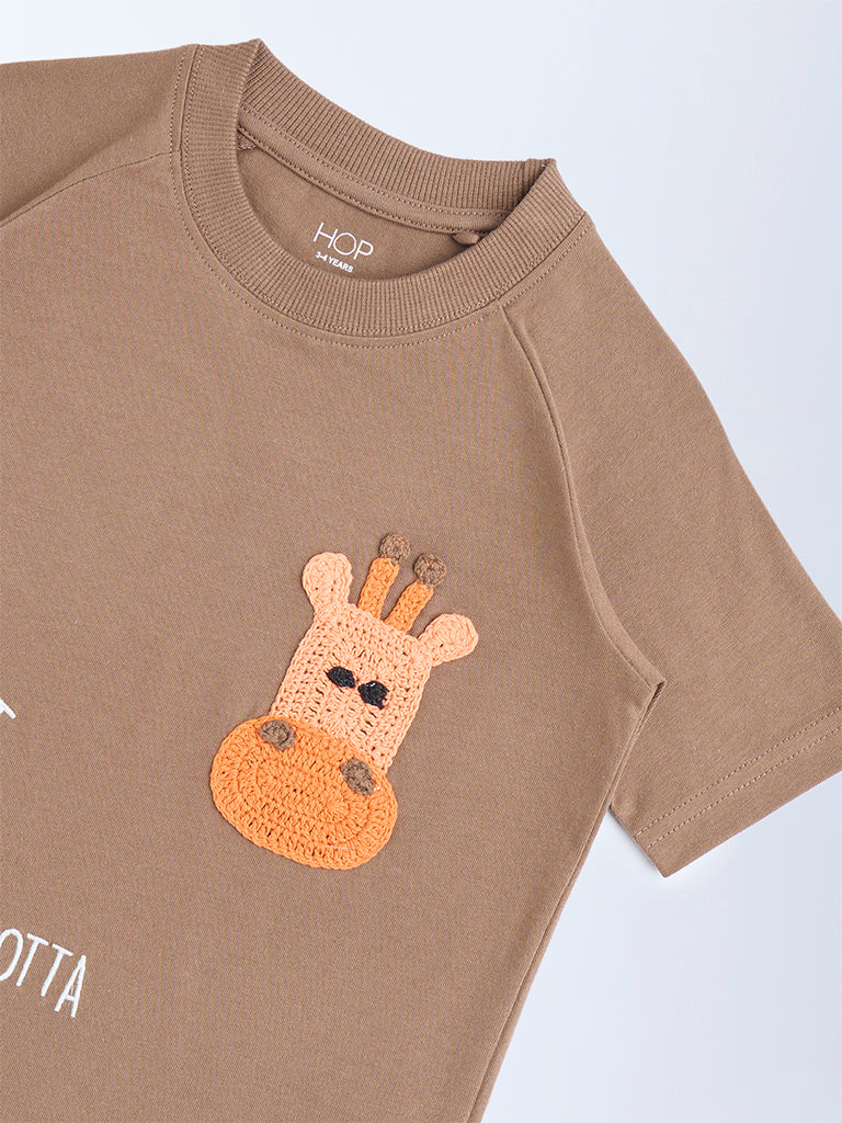 HOP Kids Taupe Animal Design Cotton T-Shirt - Image 4