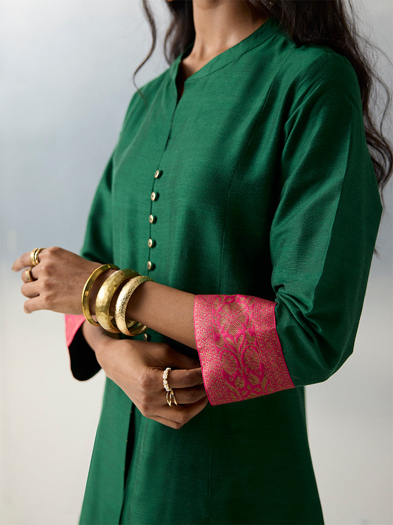 Utsa Green Pleated A-Line Kurta - Image 3