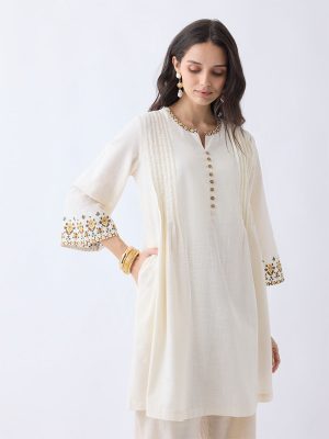 Utsa Light Beige Embroidered Cotton A-Line Kurta