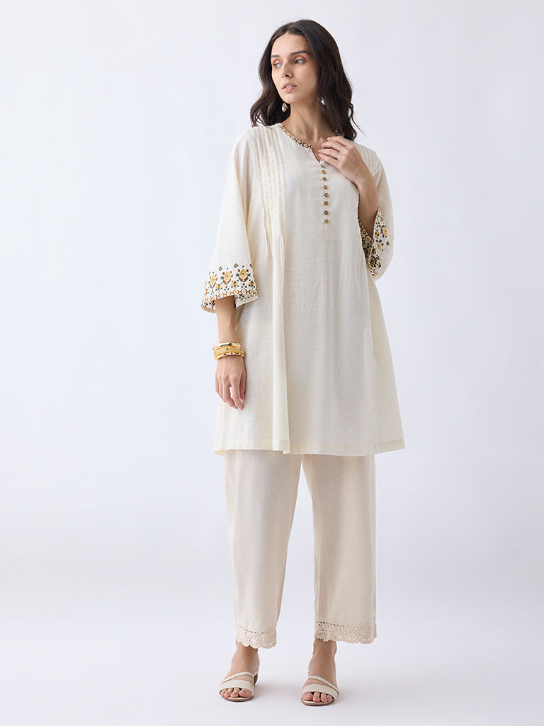 Utsa Light Beige Embroidered Cotton A-Line Kurta - Image 2