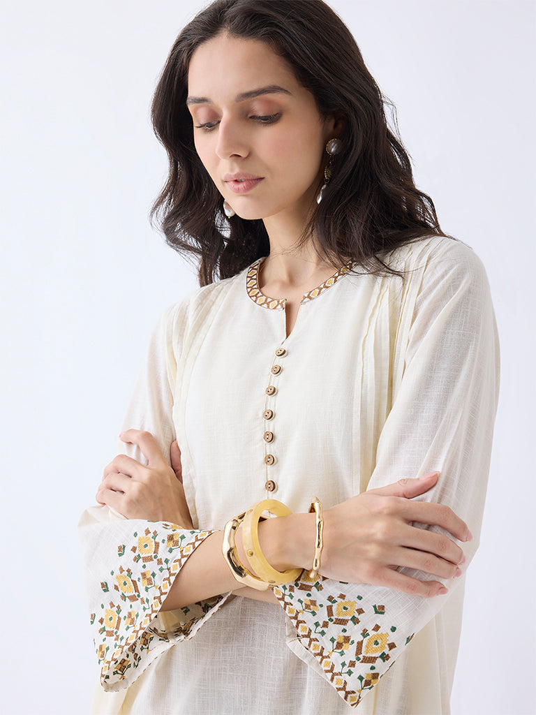 Utsa Light Beige Embroidered Cotton A-Line Kurta - Image 3