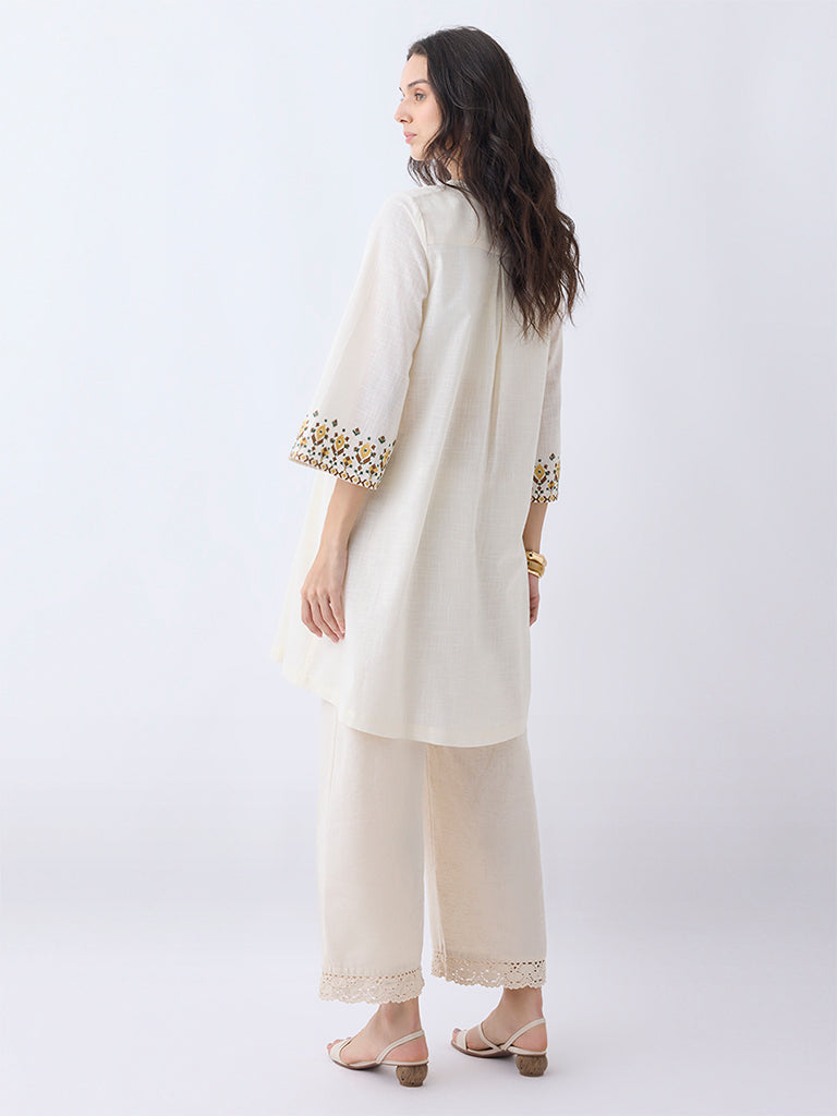Utsa Light Beige Embroidered Cotton A-Line Kurta - Image 4