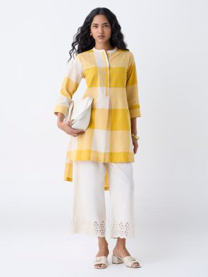Utsa Mustard Checks Detailed Cotton High-Low Kurta