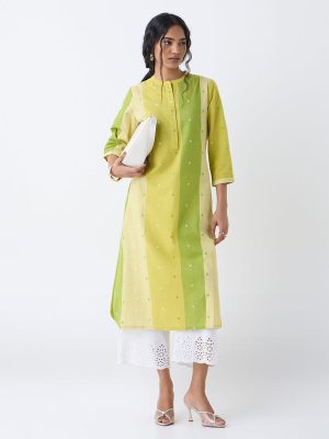 Utsa Lime Colour Block Cotton-Blend A-Line Kurta