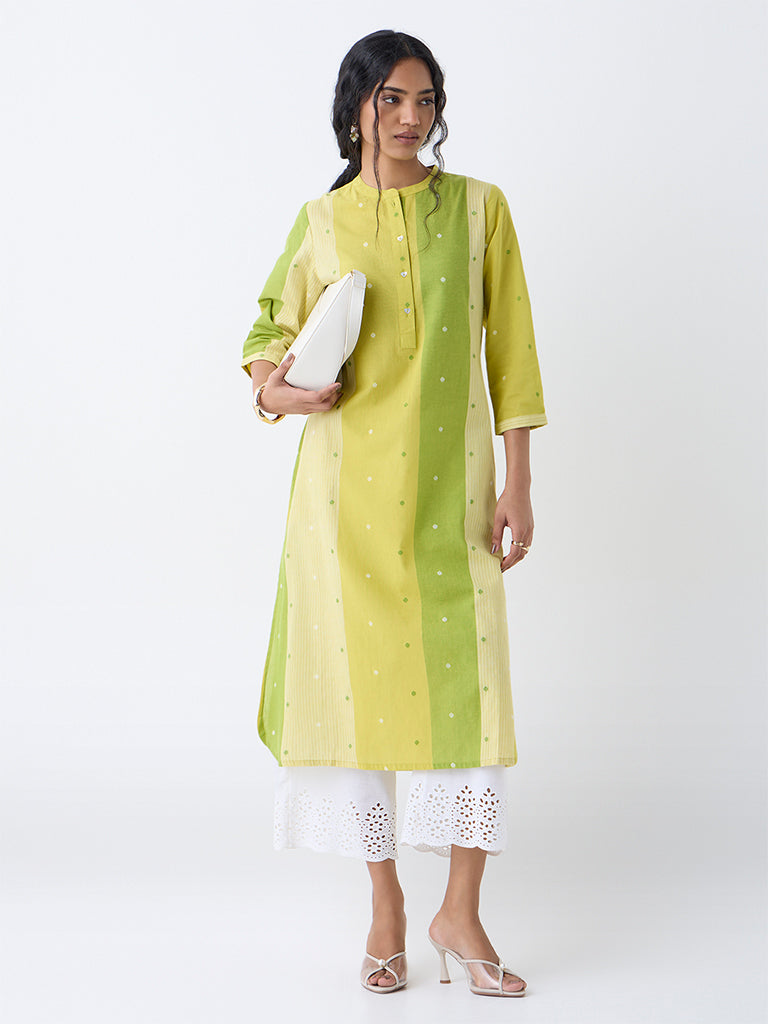Utsa Lime Colour Block Cotton-Blend A-Line Kurta