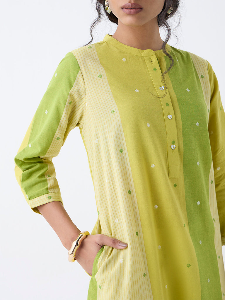 Utsa Lime Colour Block Cotton-Blend A-Line Kurta - Image 3