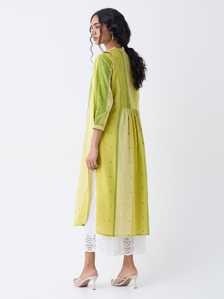 Utsa Lime Colour Block Cotton-Blend A-Line Kurta - Image 4