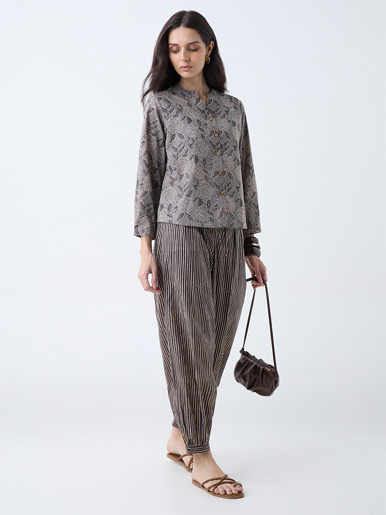 Utsa Charcoal Floral Design Cotton Tunic