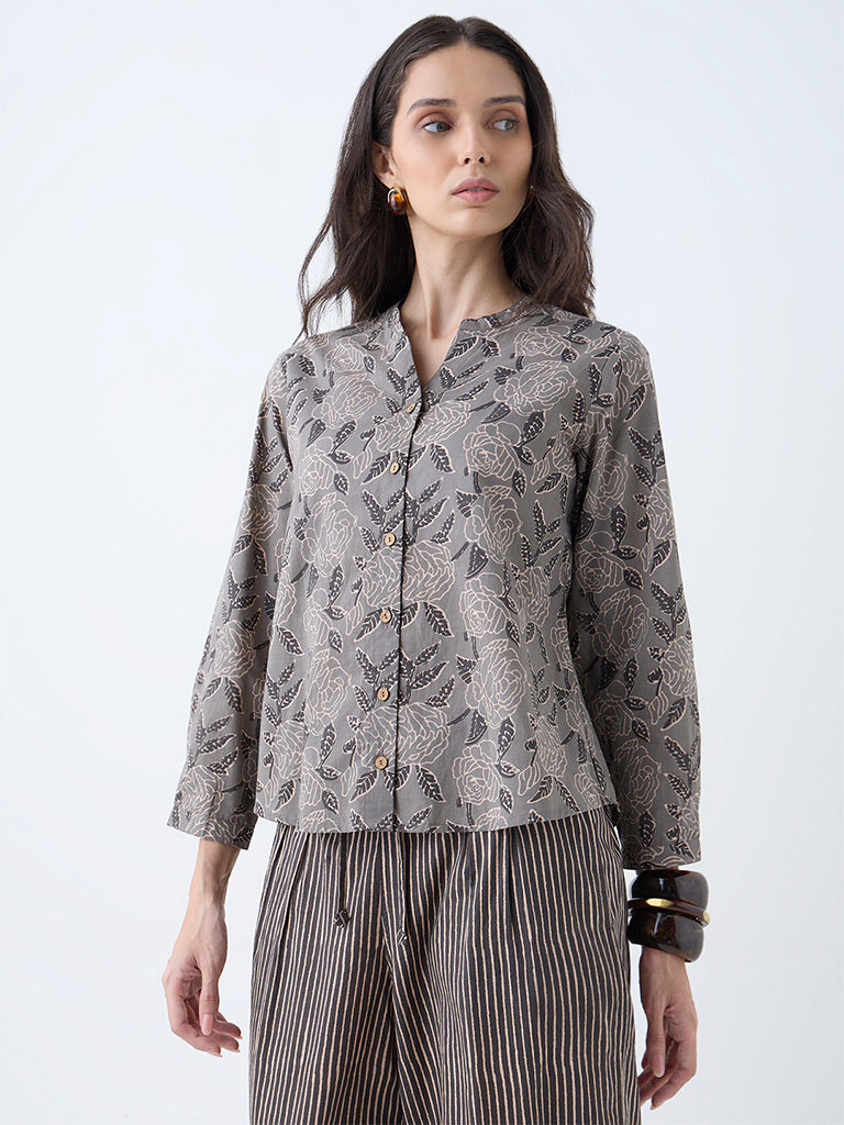 Utsa Charcoal Floral Design Cotton Tunic - Image 2