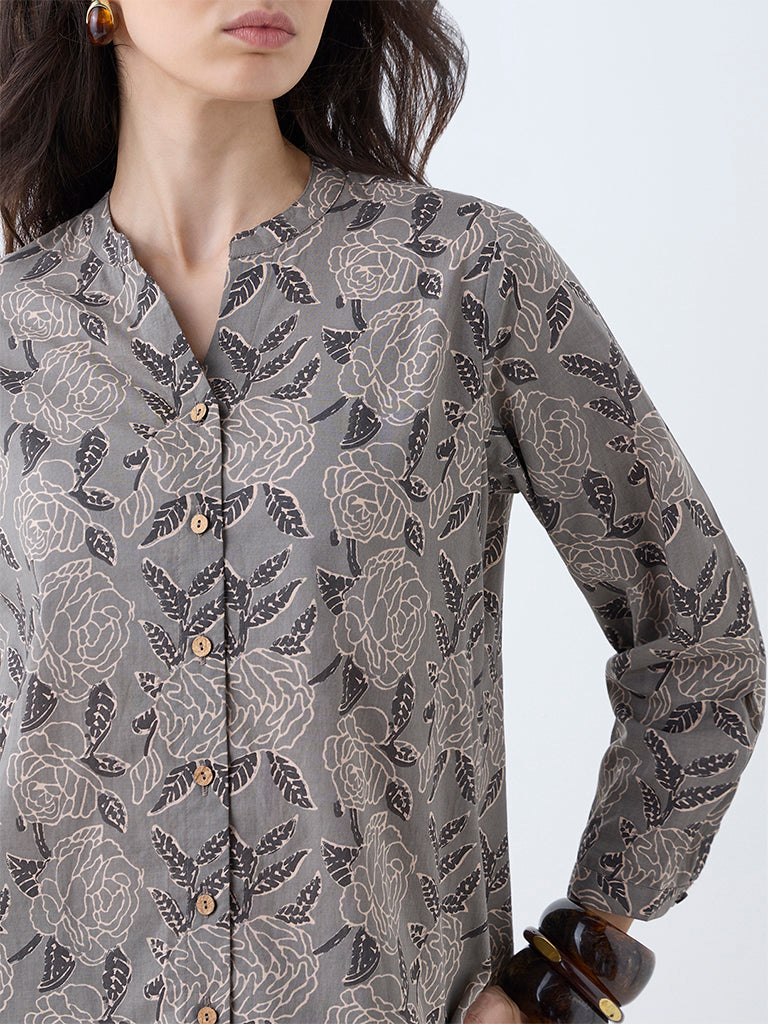 Utsa Charcoal Floral Design Cotton Tunic - Image 3