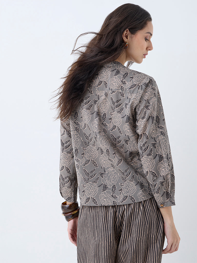 Utsa Charcoal Floral Design Cotton Tunic - Image 4