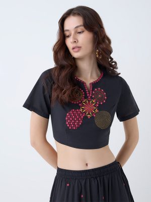 Utsa Black Embroidered Cotton Top