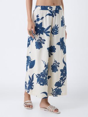 Utsa Cream Floral-Printed Palazzos