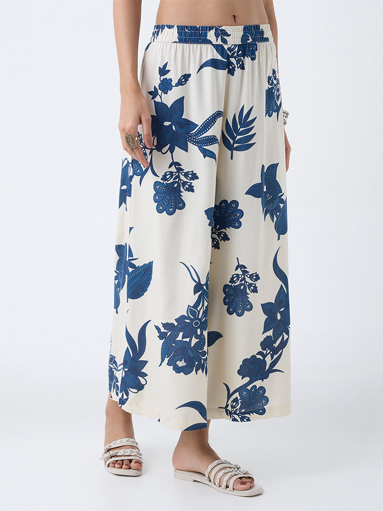 Utsa Cream Floral-Printed Palazzos