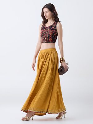 Utsa Mustard Textured Cotton Maxi Skirt