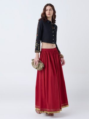 Utsa Red Textured Cotton Maxi Skirt