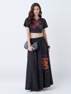 Utsa Black Embroidered Cotton Maxi Skirt
