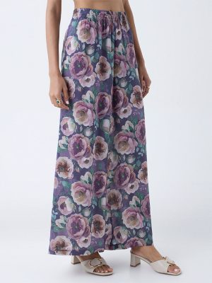 Zuba Purple Floral Detailed Palazzos