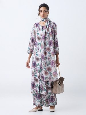 Zuba Off-White Floral Printed Cotton-Blend Dupatta