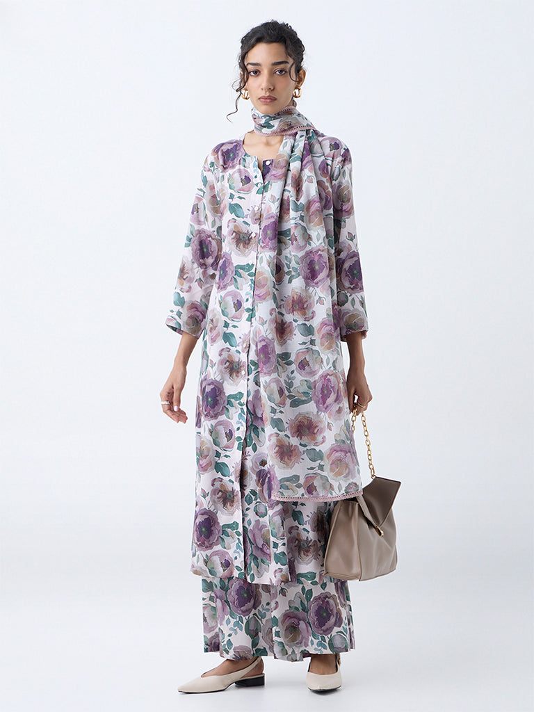 Zuba Off-White Floral Printed Cotton-Blend Dupatta